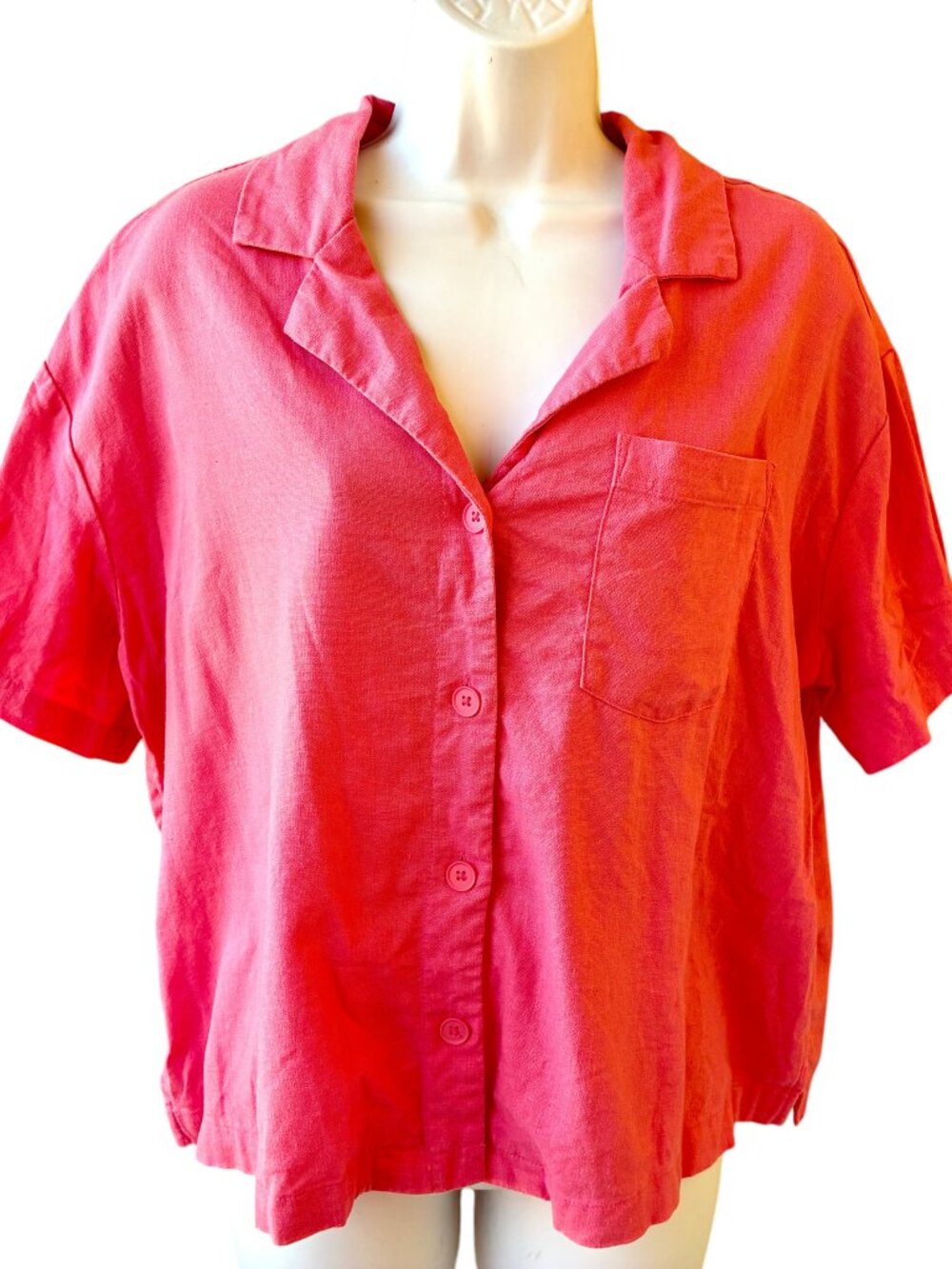 A New Day Button Up Camp Shirt Coral Pink Linen Blend Short Sleeve Large
